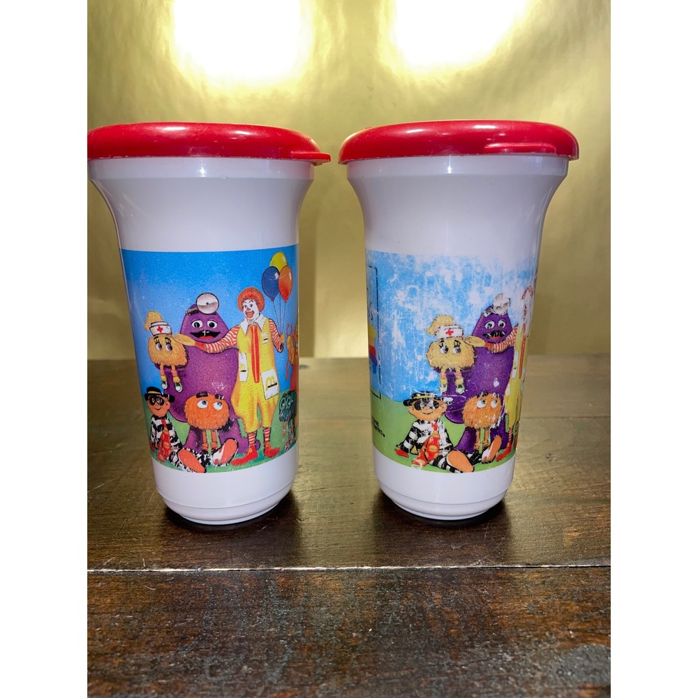 Vintage McDonald's Cups Glasses Tumblers with Lids Ronald McDonald 90's Lot of 2